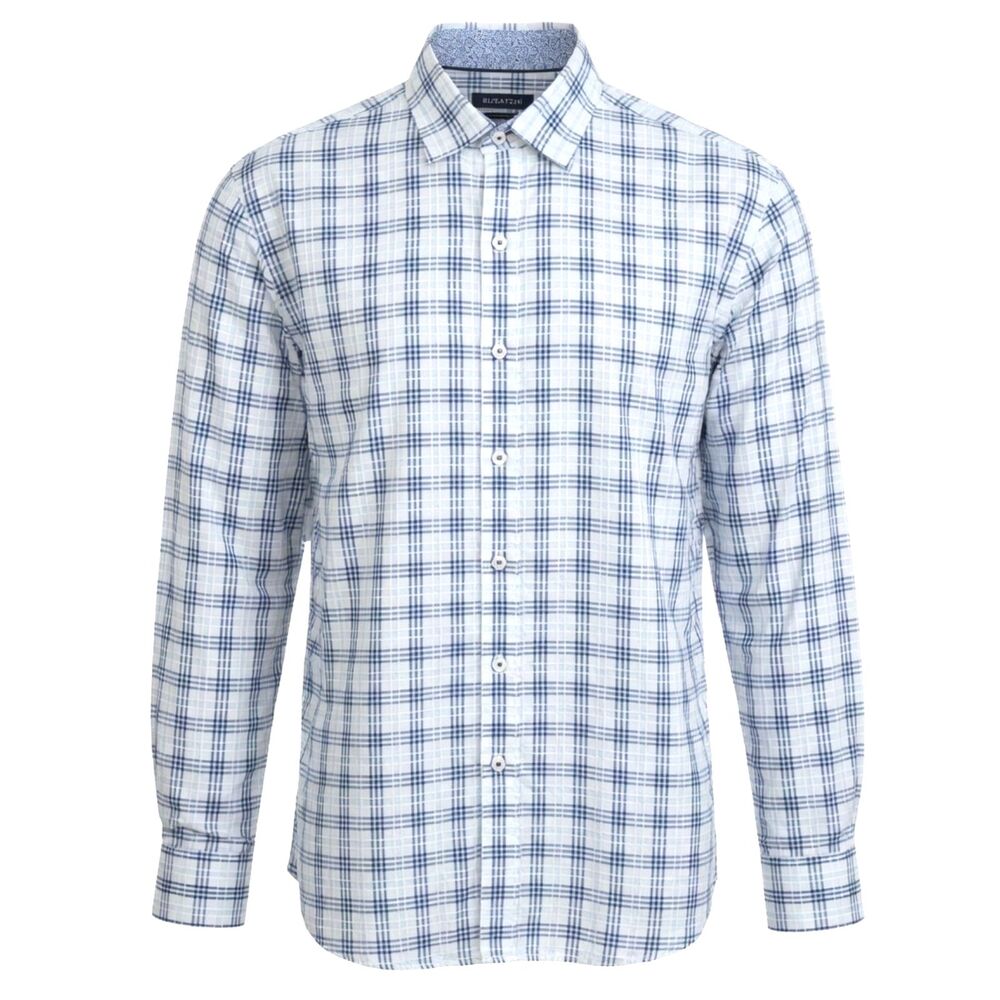Bugatchi Classic Fit Dress Plaid Shirt Floral Contrast Trim 15.5 35/36 L Blue